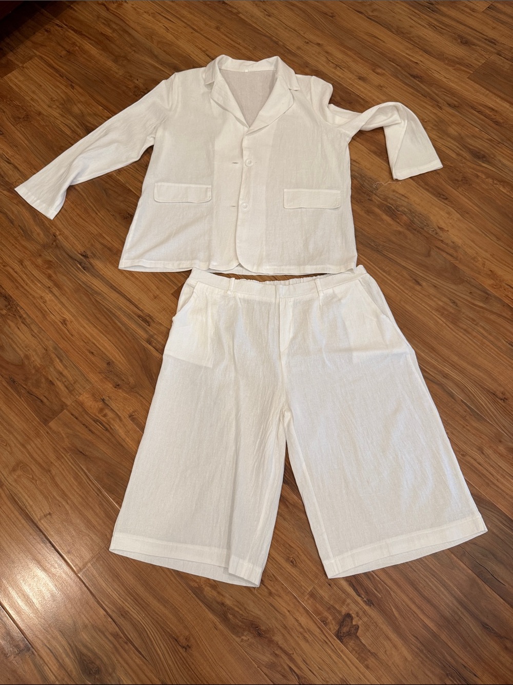 Women's White Two-Piece Linen-Blend Pantsuit Set